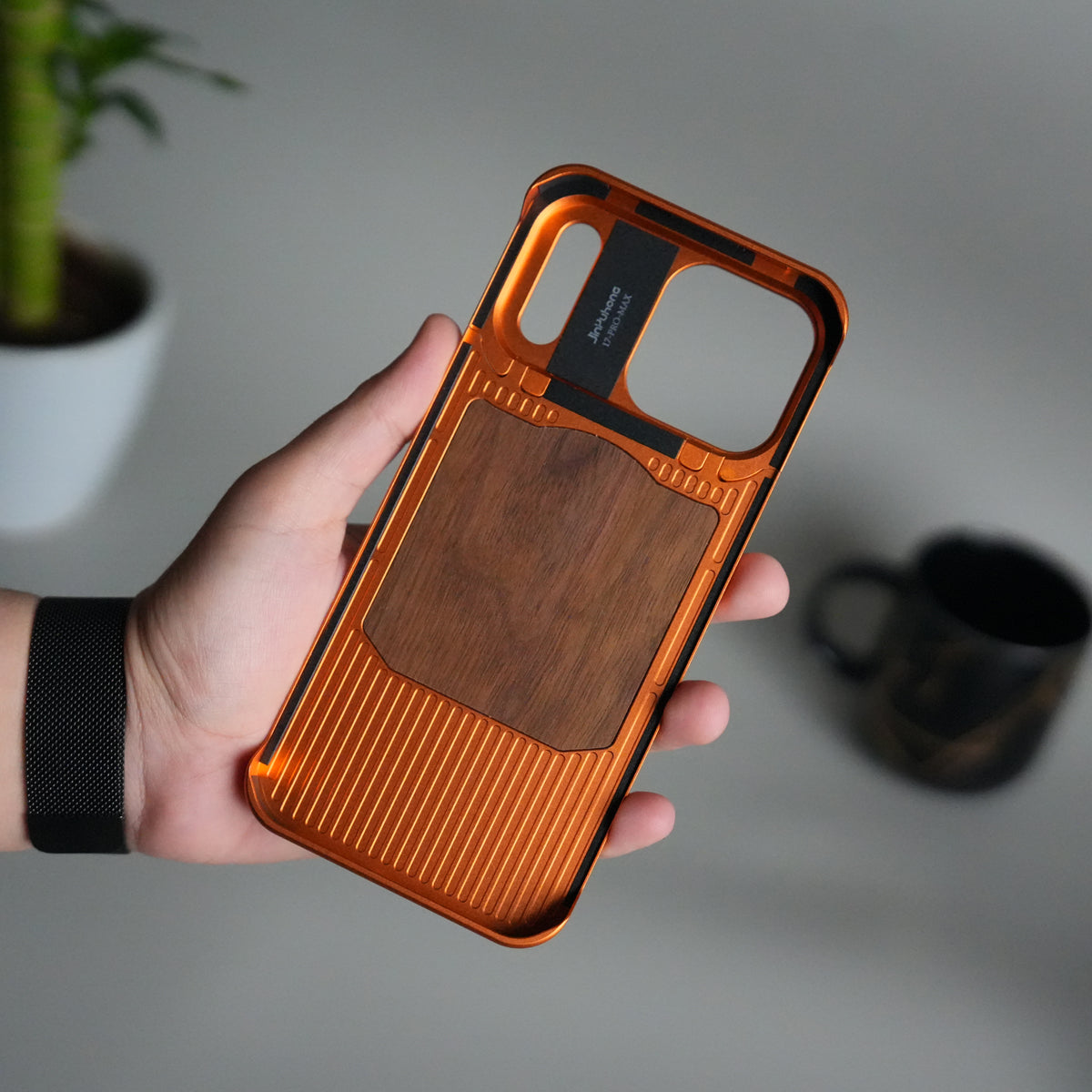 iPhone 17 Series Metallic Wood Leather AeroFLex Aluminium Case With Rotating Stand