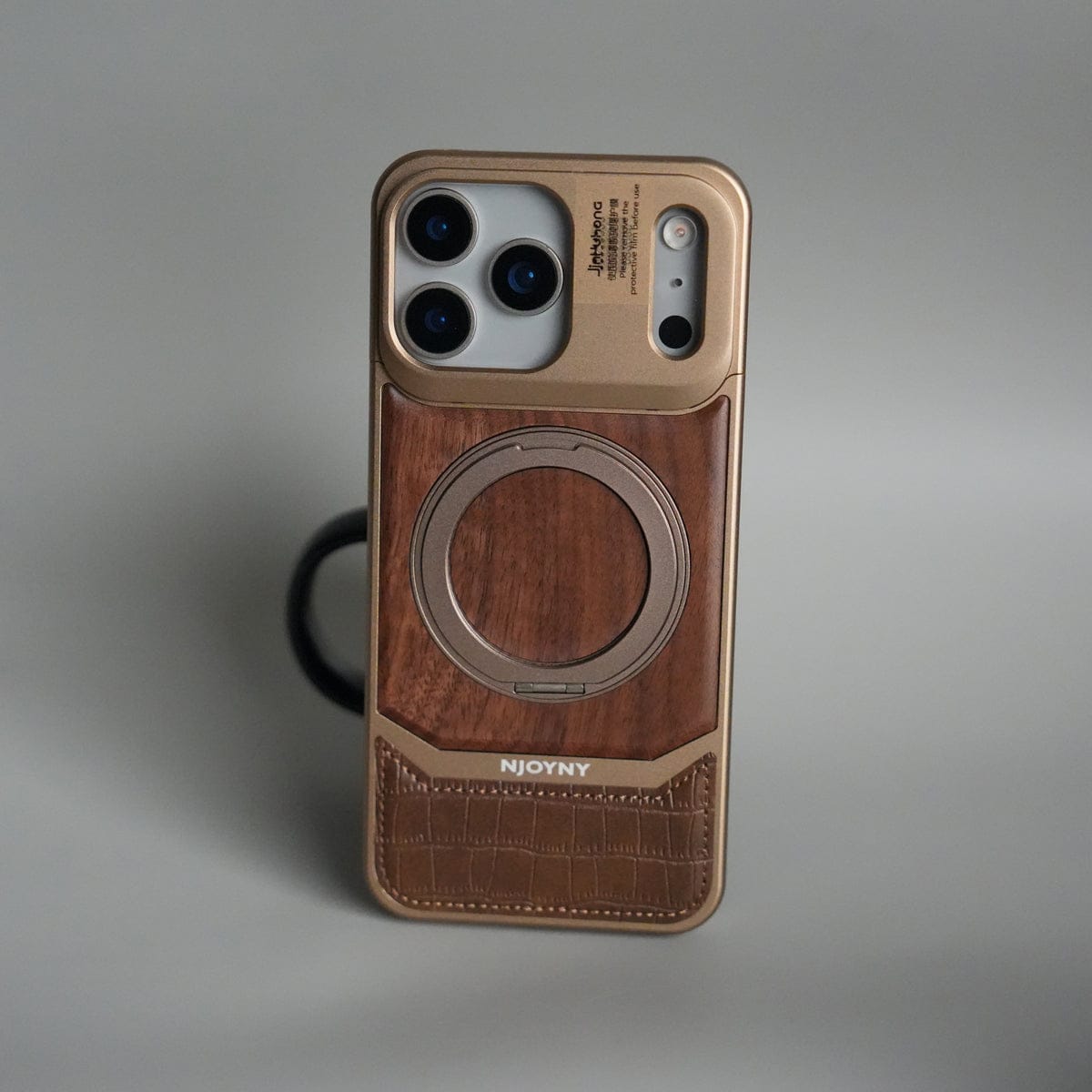 iPhone 17 Series Metallic Wood Leather AeroFLex Aluminium Case With Rotating Stand