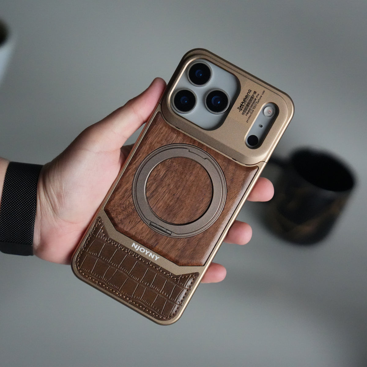 iPhone 17 Series Metallic Wood Leather AeroFLex Aluminium Case With Rotating Stand