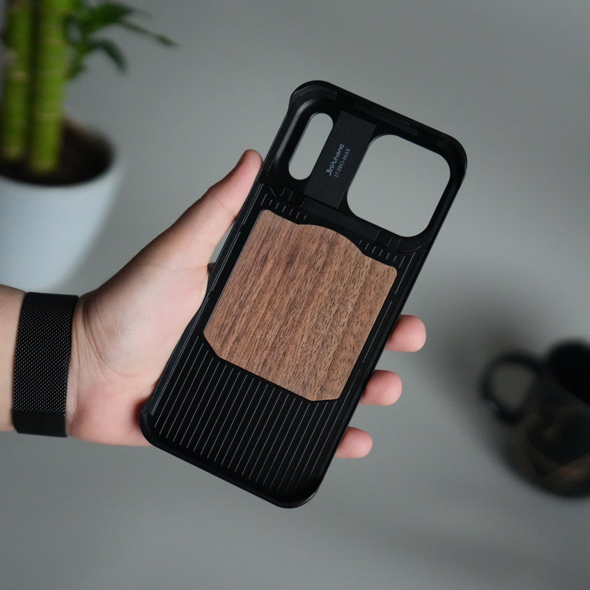 iPhone 17 Series Metallic Wood Leather AeroFLex Aluminium Case With Rotating Stand
