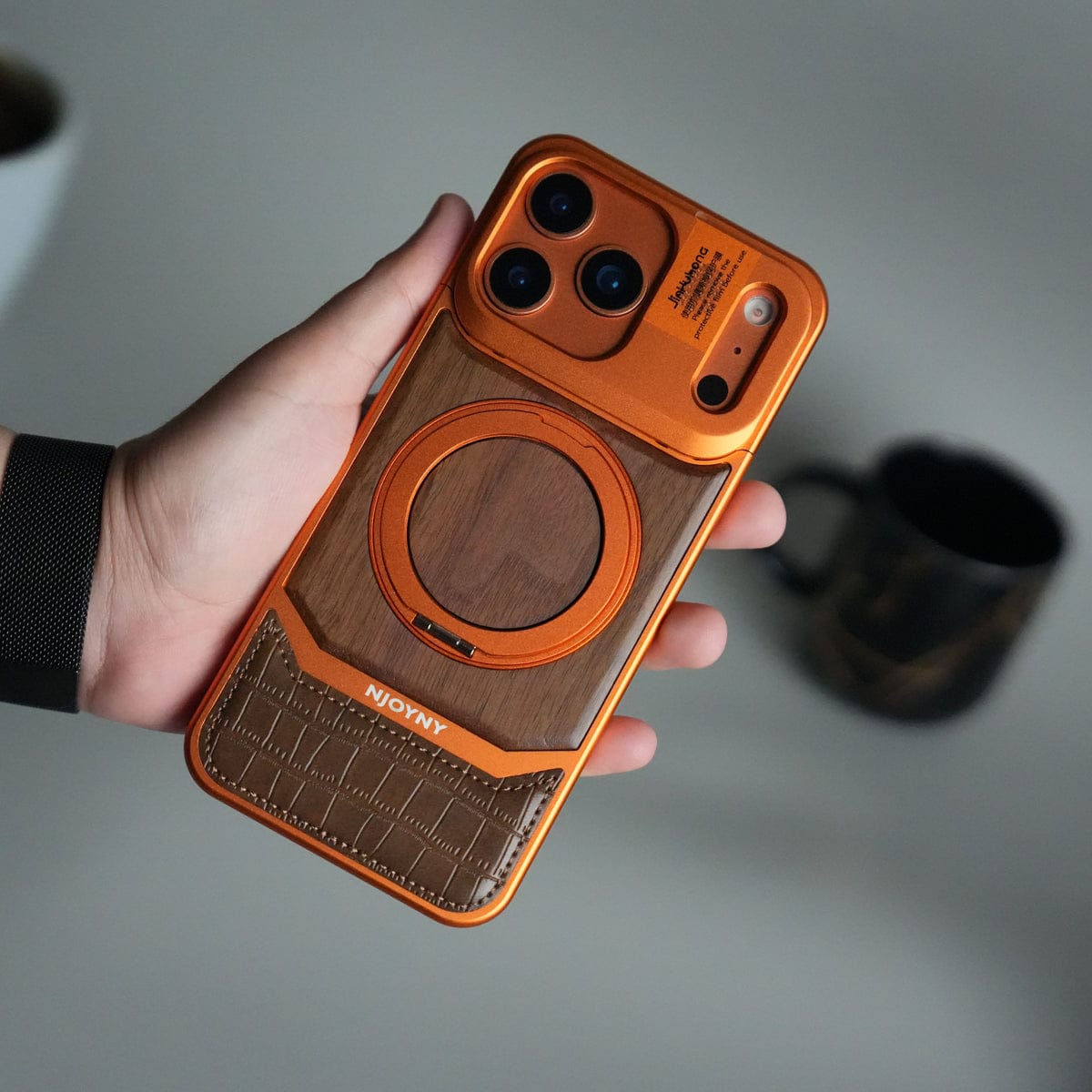 iPhone 17 Series Metallic Wood Leather AeroFLex Aluminium Case With Rotating Stand