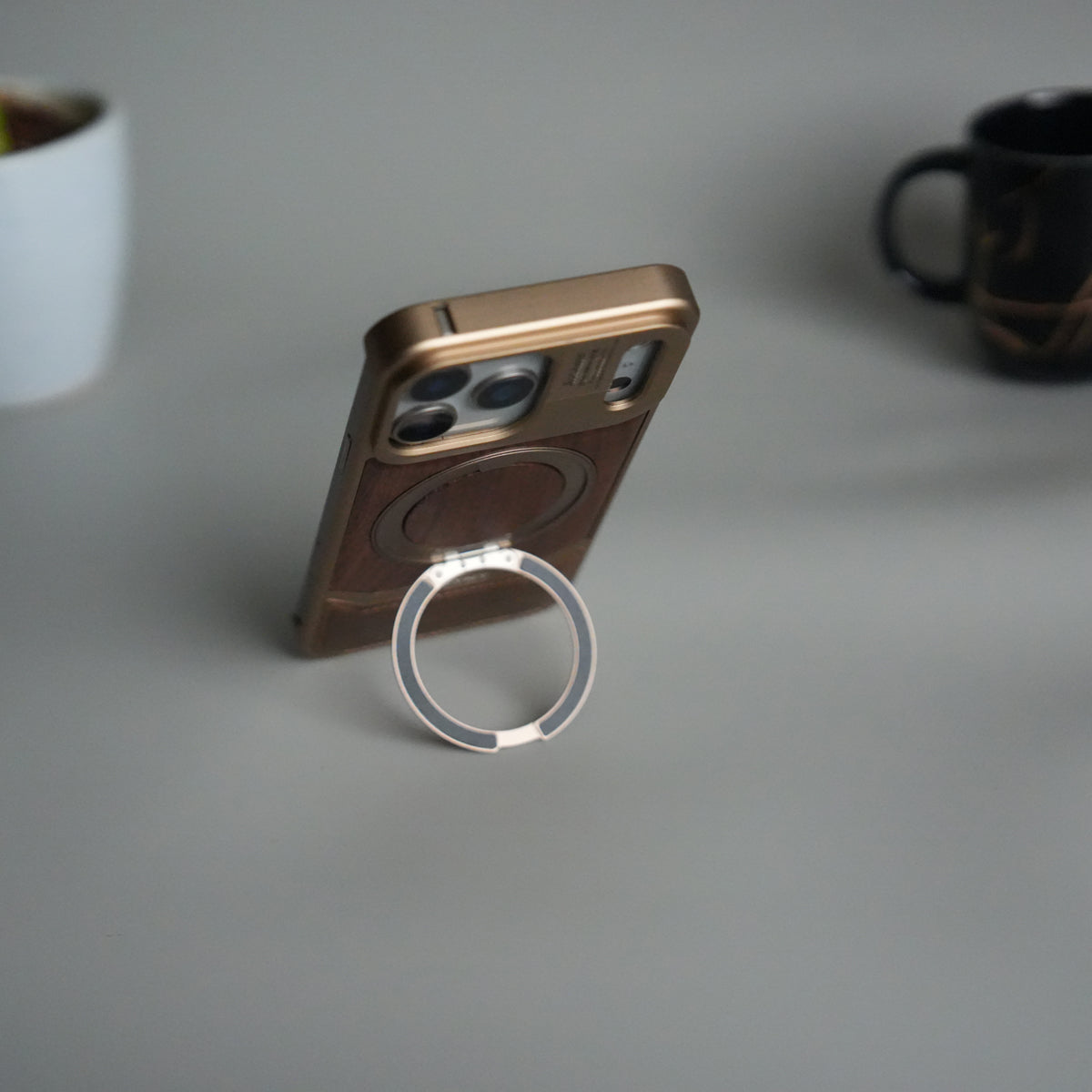 iPhone 17 Series Metallic Wood Leather AeroFLex Aluminium Case With Rotating Stand
