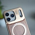 iPhone 17 Series Metallic Wood Leather AeroFLex Aluminium Case With Rotating Stand