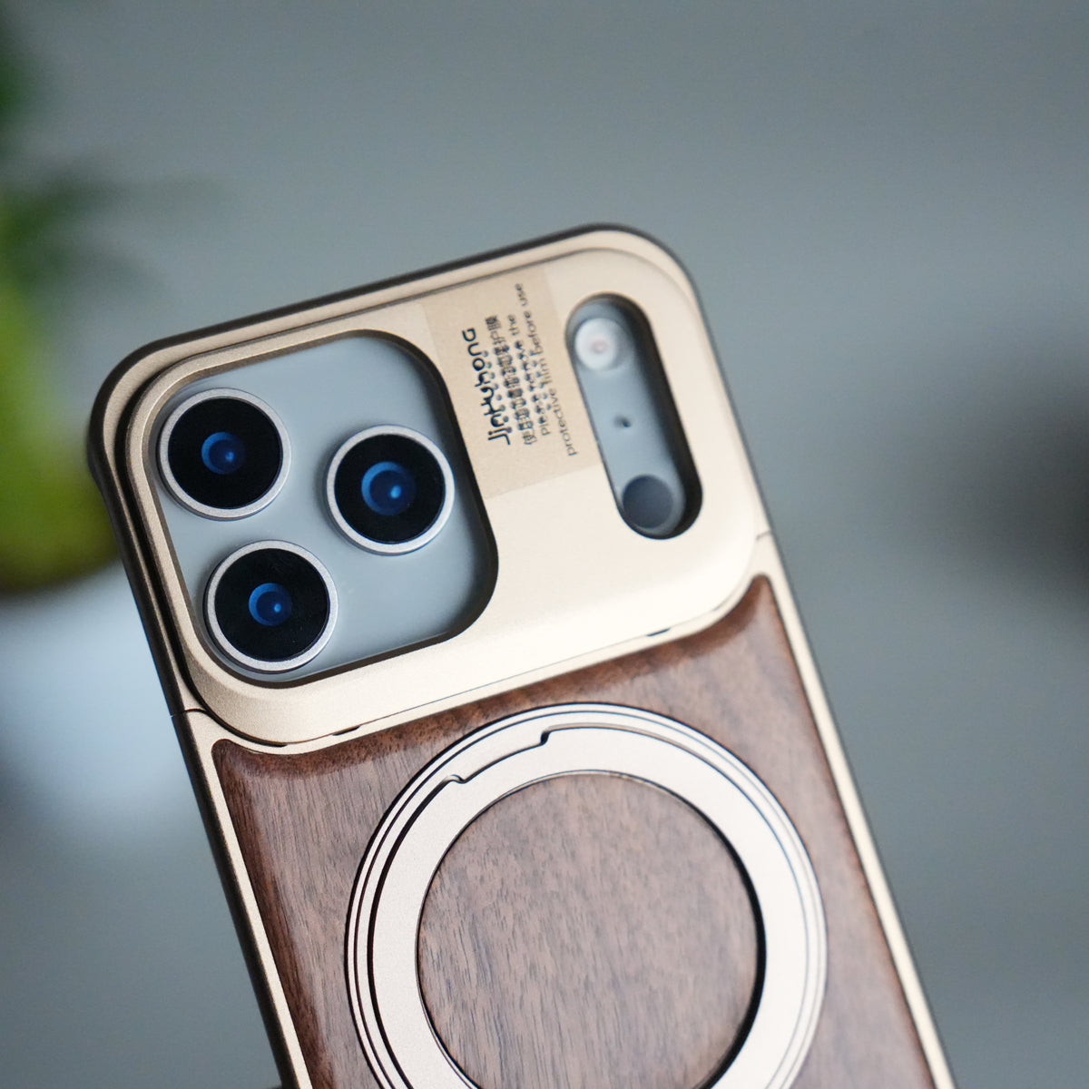 iPhone 17 Series Metallic Wood Leather AeroFLex Aluminium Case With Rotating Stand