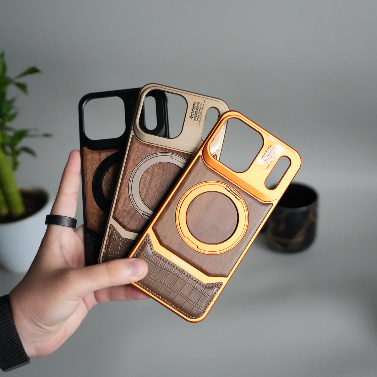 iPhone 17 Series Metallic Wood Leather AeroFLex Aluminium Case With Rotating Stand