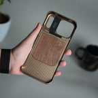 iPhone 17 Series Metallic Wood Leather AeroFLex Aluminium Case With Rotating Stand