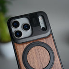 iPhone 17 Series Metallic Wood Leather AeroFLex Aluminium Case With Rotating Stand