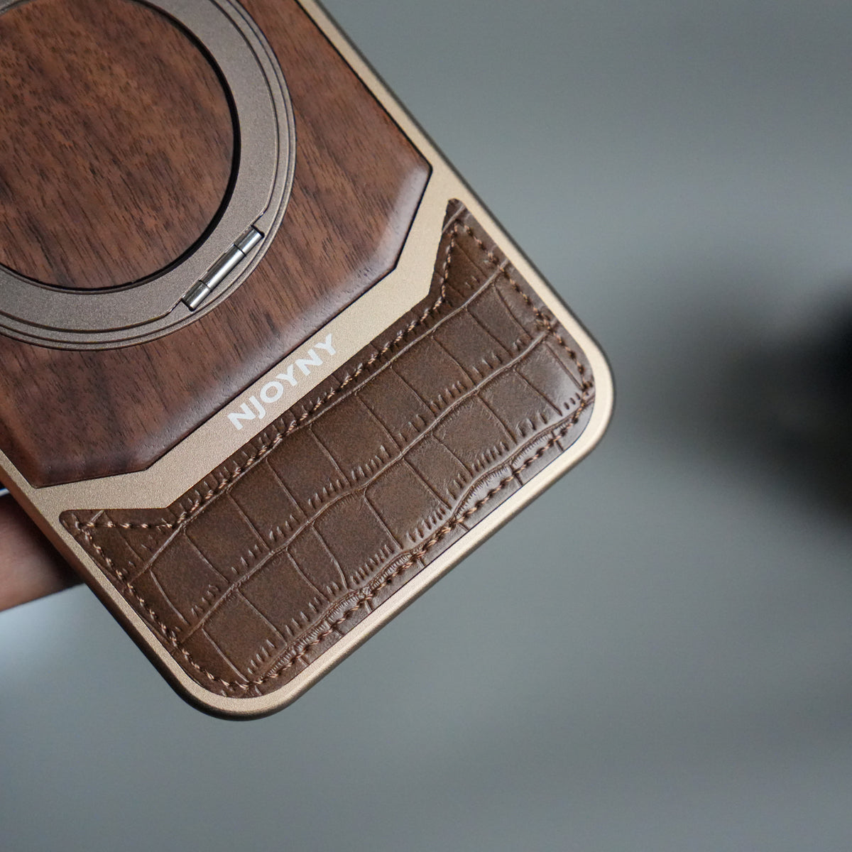 iPhone 17 Series Metallic Wood Leather AeroFLex Aluminium Case With Rotating Stand