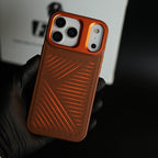 iPhone 17 Series Premium PU Leather Cut Pattern MagSafe Case with Metal Camera Frame