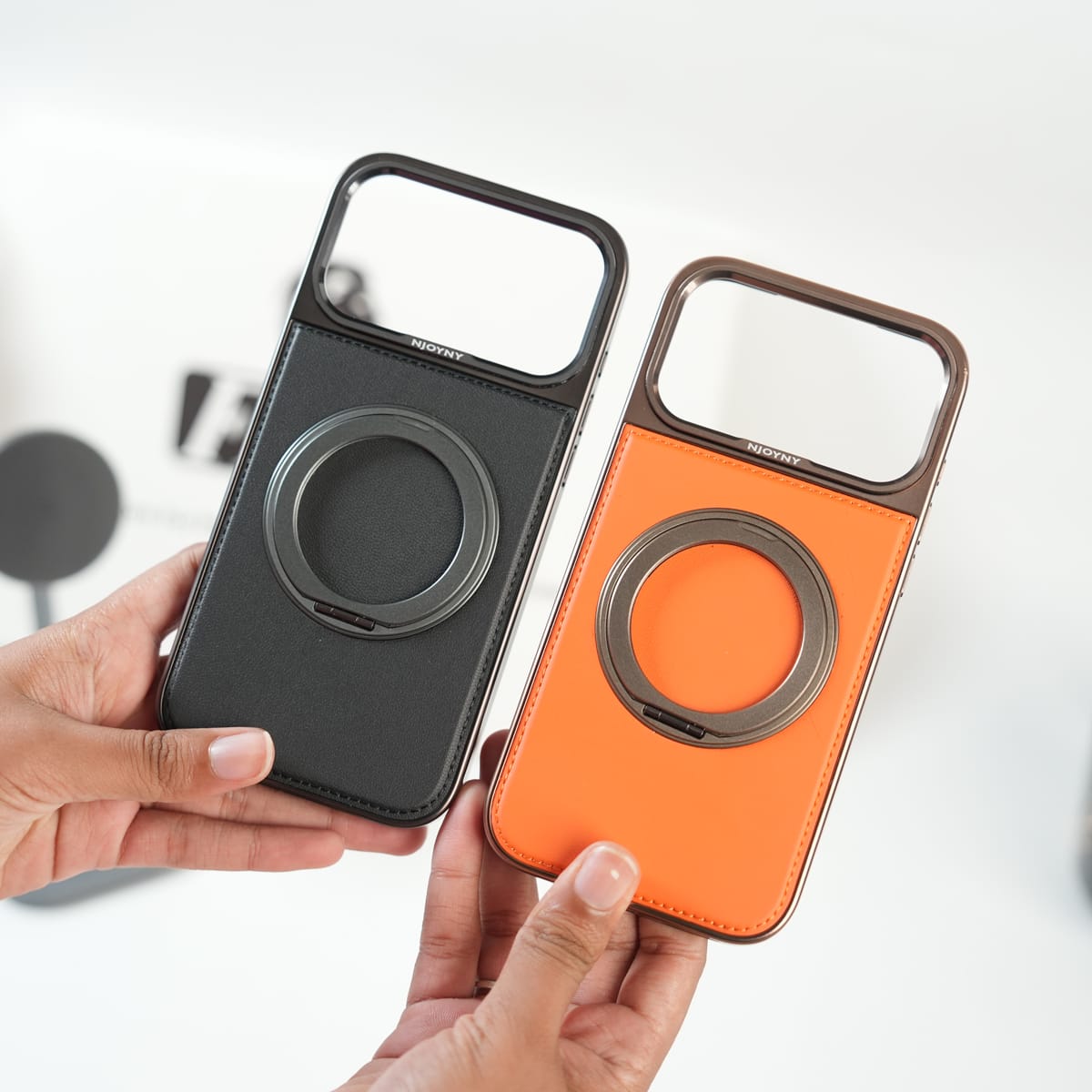 iPhone 17 Series Premium PU Leather Stitch Case | 360° Rotating Metal Ring Stand Cover