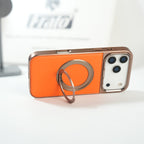 iPhone 17 Series Premium PU Leather Stitch Case | 360° Rotating Metal Ring Stand Cover