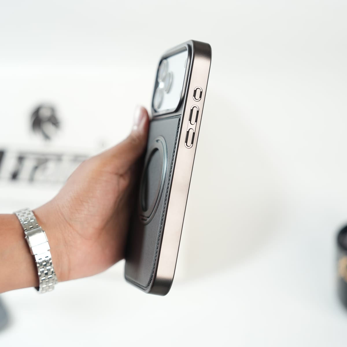 iPhone 17 Series Premium PU Leather Stitch Case | 360° Rotating Metal Ring Stand Cover