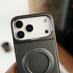 iPhone 17 Series Premium PU Leather Stitch Case | 360° Rotating Metal Ring Stand Cover