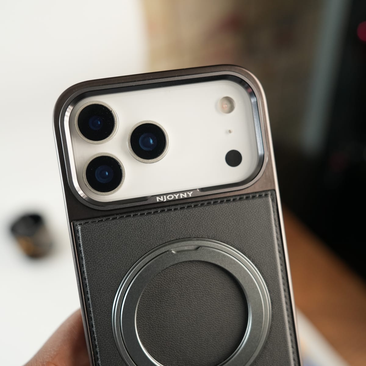 iPhone 17 Series Premium PU Leather Stitch Case | 360° Rotating Metal Ring Stand Cover