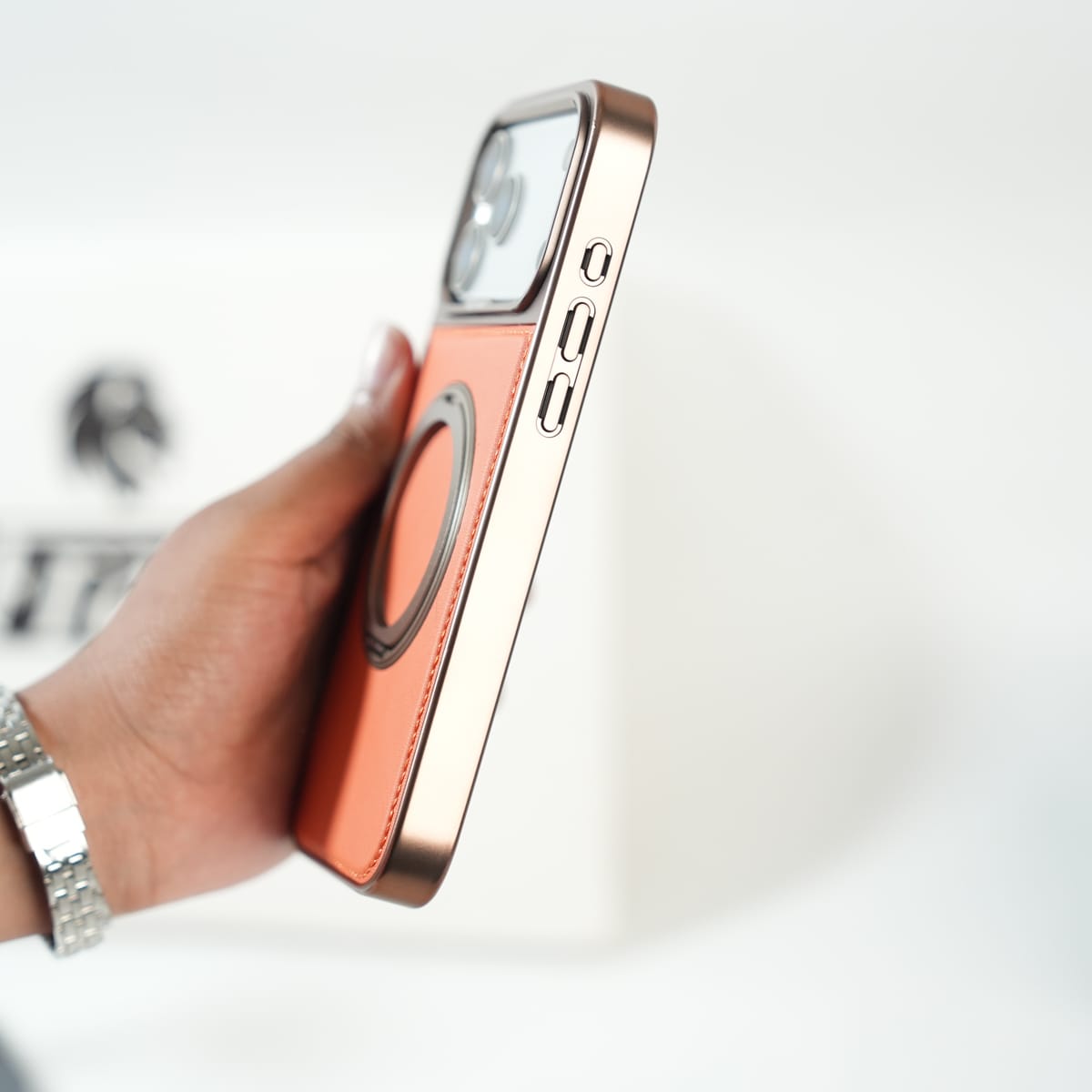 iPhone 17 Series Premium PU Leather Stitch Case | 360° Rotating Metal Ring Stand Cover