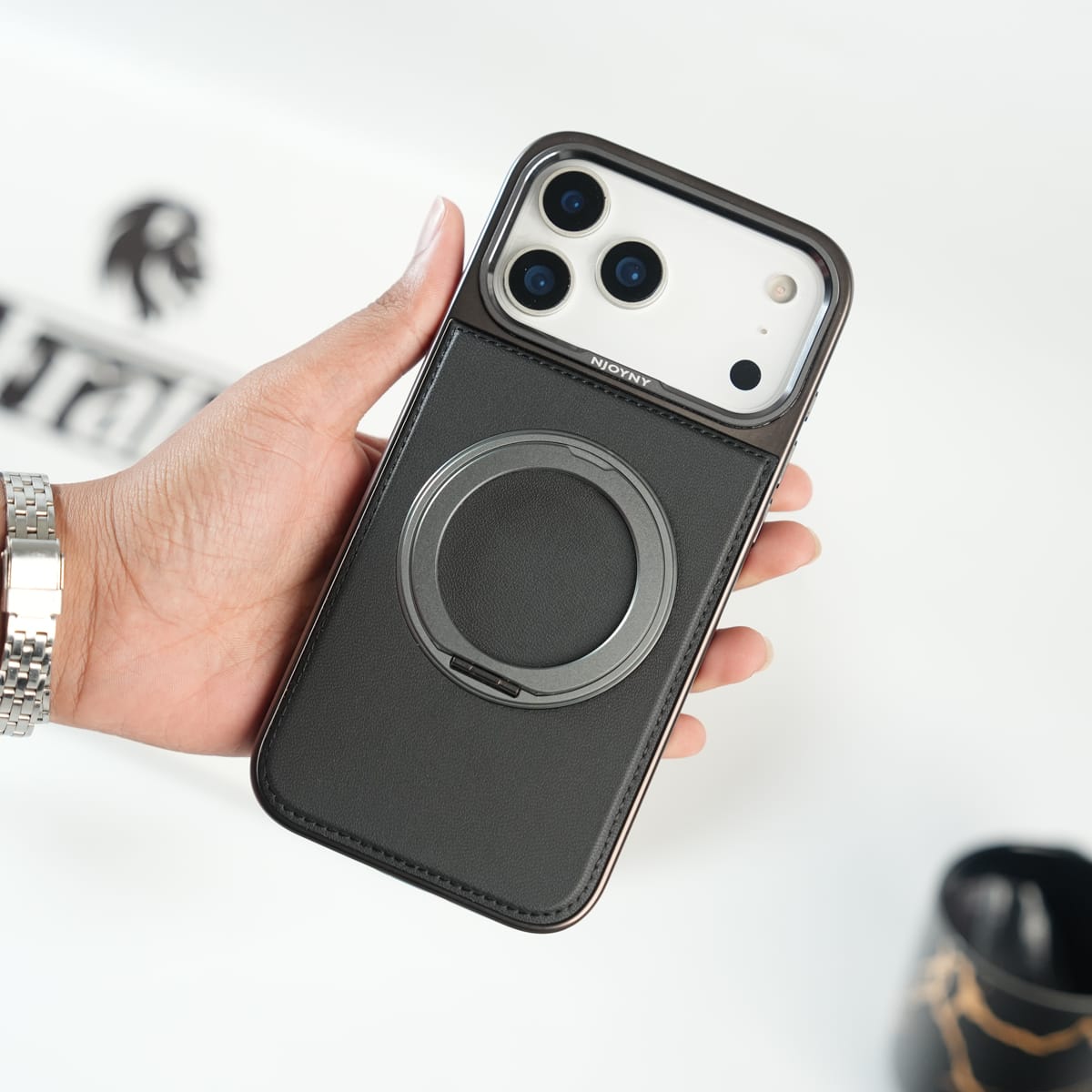 iPhone 17 Series Premium PU Leather Stitch Case | 360° Rotating Metal Ring Stand Cover