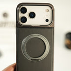 iPhone 17 Series Premium PU Leather Stitch Case | 360° Rotating Metal Ring Stand Cover