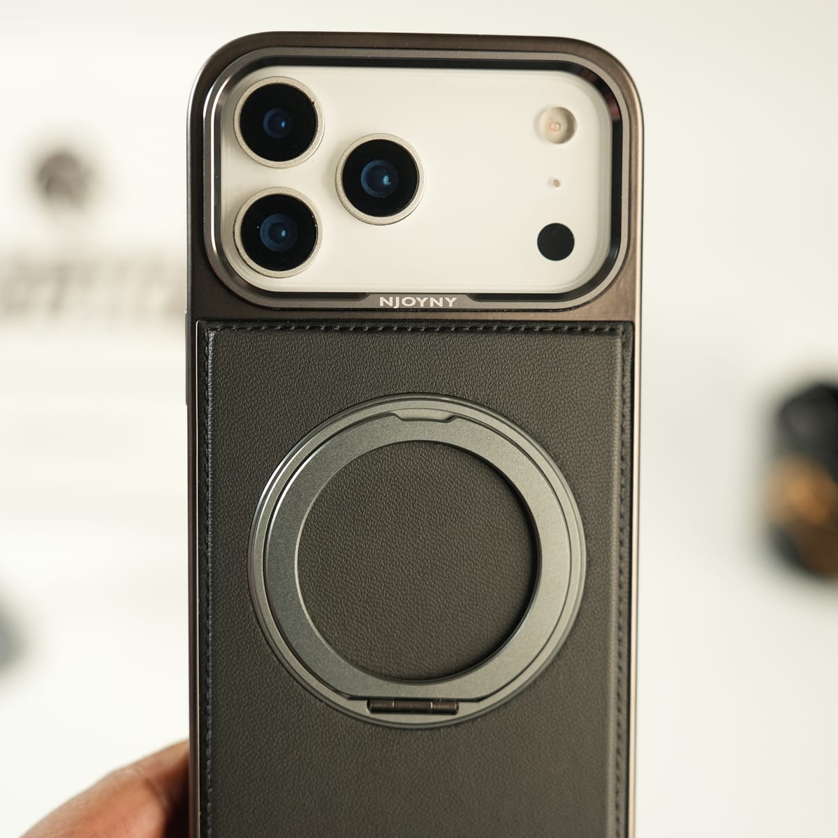 iPhone 17 Series Premium PU Leather Stitch Case | 360° Rotating Metal Ring Stand Cover