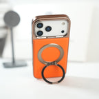 iPhone 17 Series Premium PU Leather Stitch Case | 360° Rotating Metal Ring Stand Cover