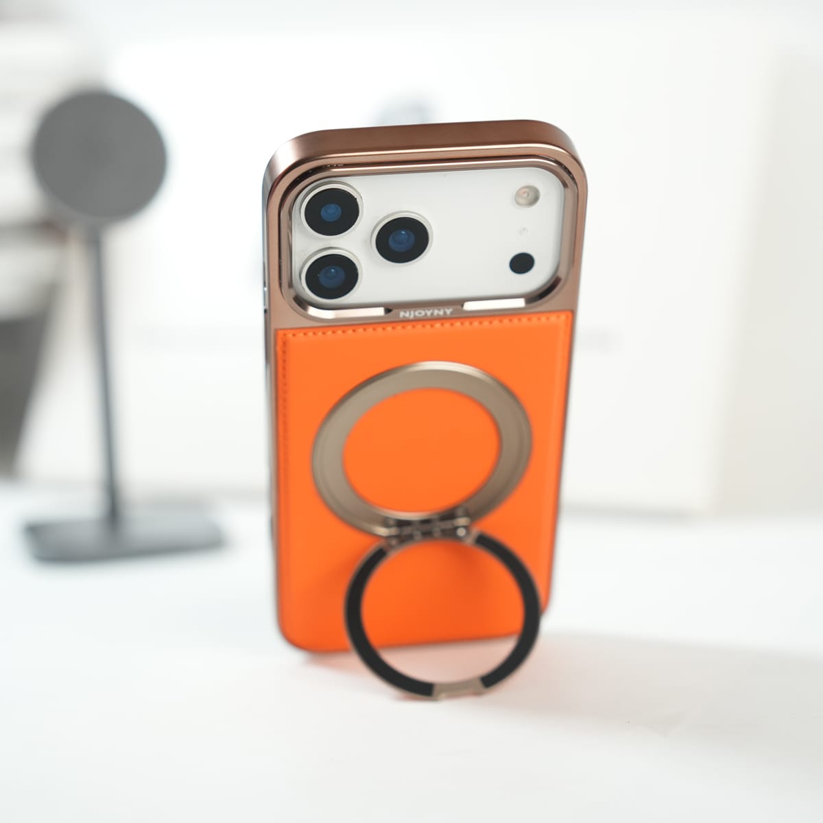 iPhone 17 Series Premium PU Leather Stitch Case | 360° Rotating Metal Ring Stand Cover