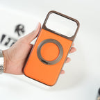 iPhone 17 Series Premium PU Leather Stitch Case | 360° Rotating Metal Ring Stand Cover