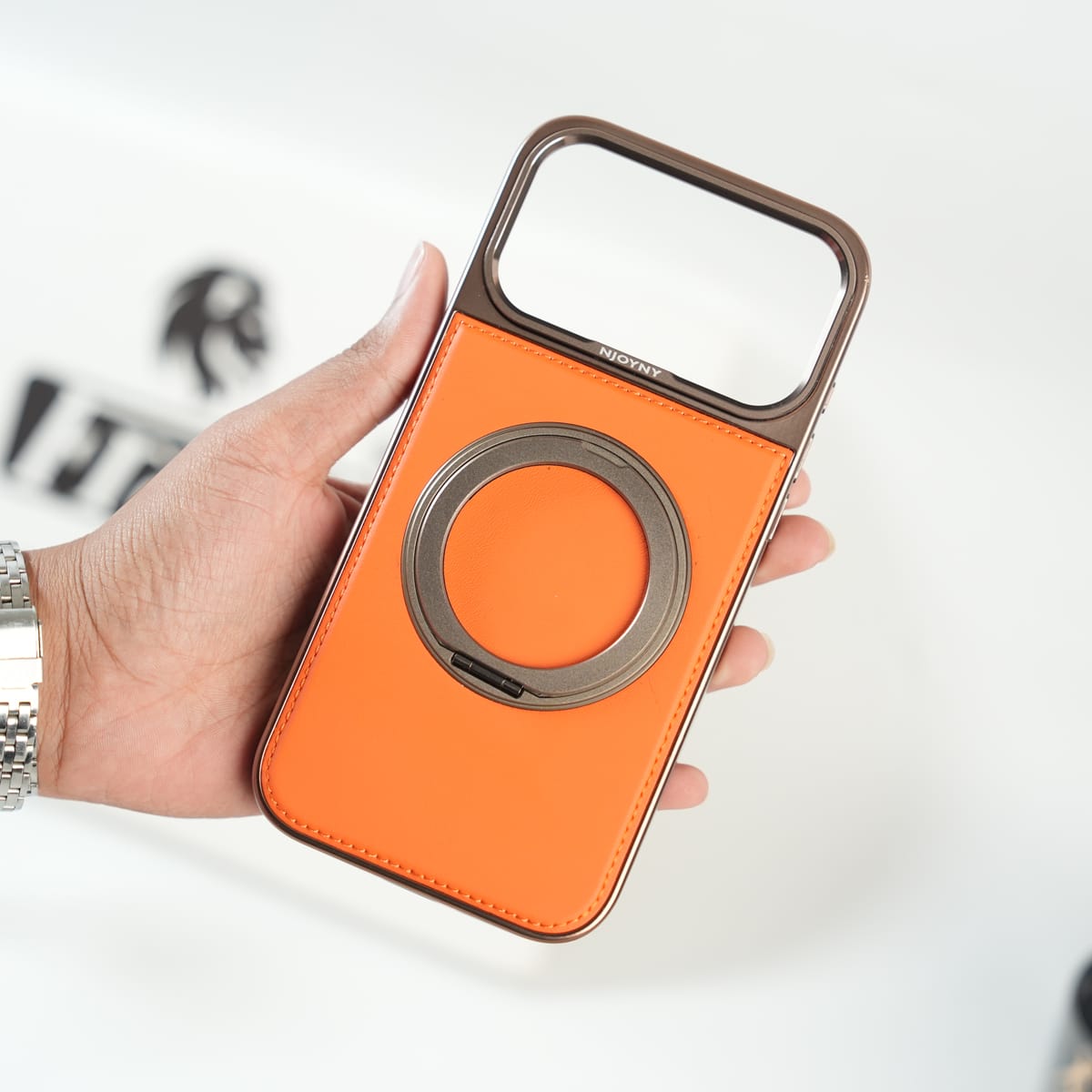iPhone 17 Series Premium PU Leather Stitch Case | 360° Rotating Metal Ring Stand Cover