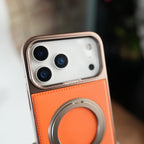 iPhone 17 Series Premium PU Leather Stitch Case | 360° Rotating Metal Ring Stand Cover