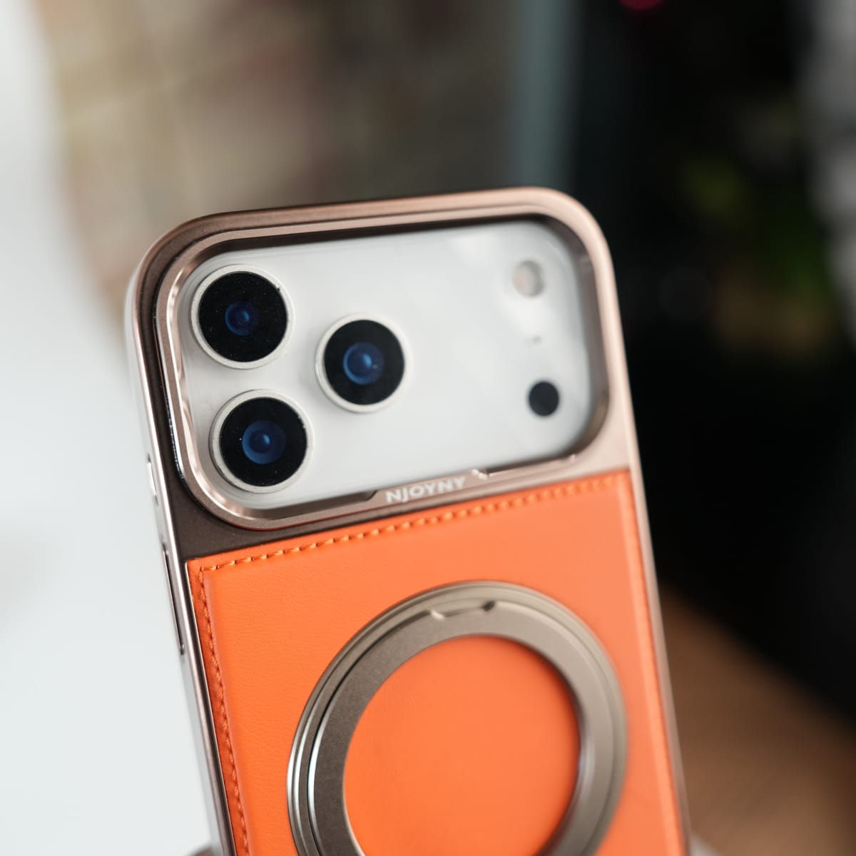 iPhone 17 Series Premium PU Leather Stitch Case | 360° Rotating Metal Ring Stand Cover