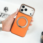 iPhone 17 Series Premium PU Leather Stitch Case | 360° Rotating Metal Ring Stand Cover