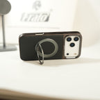 iPhone 17 Series Premium PU Leather Stitch Case | 360° Rotating Metal Ring Stand Cover