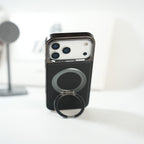 iPhone 17 Series Premium PU Leather Stitch Case | 360° Rotating Metal Ring Stand Cover