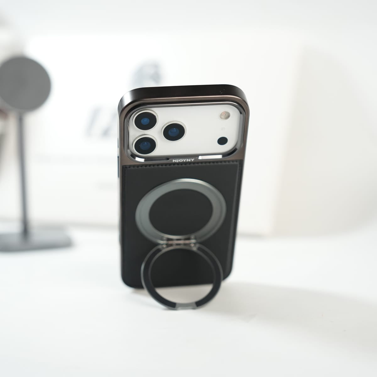 iPhone 17 Series Premium PU Leather Stitch Case | 360° Rotating Metal Ring Stand Cover