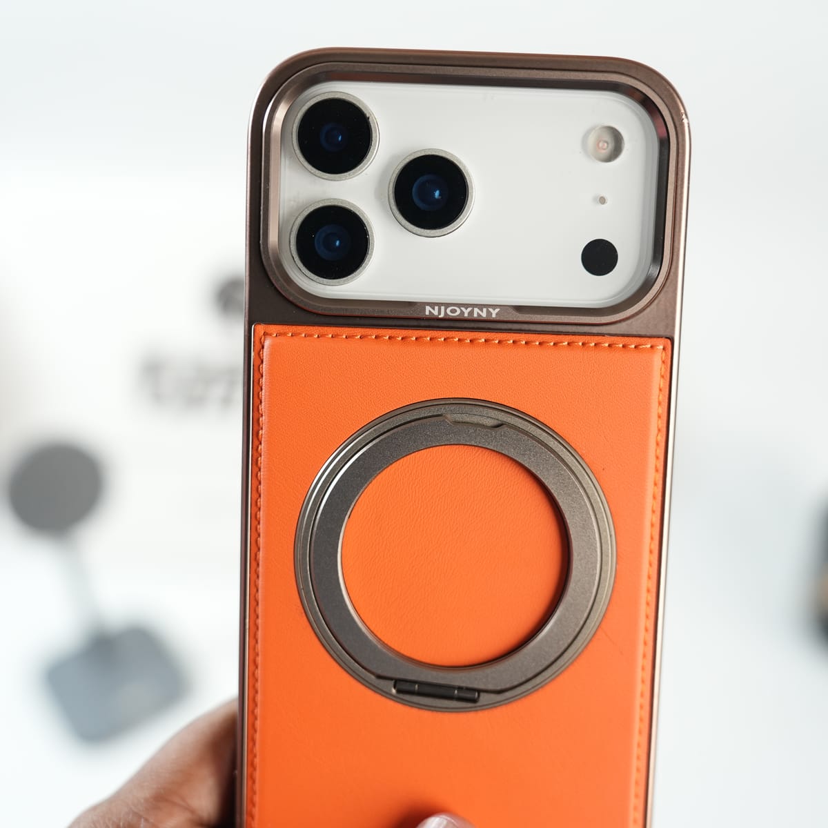iPhone 17 Series Premium PU Leather Stitch Case | 360° Rotating Metal Ring Stand Cover