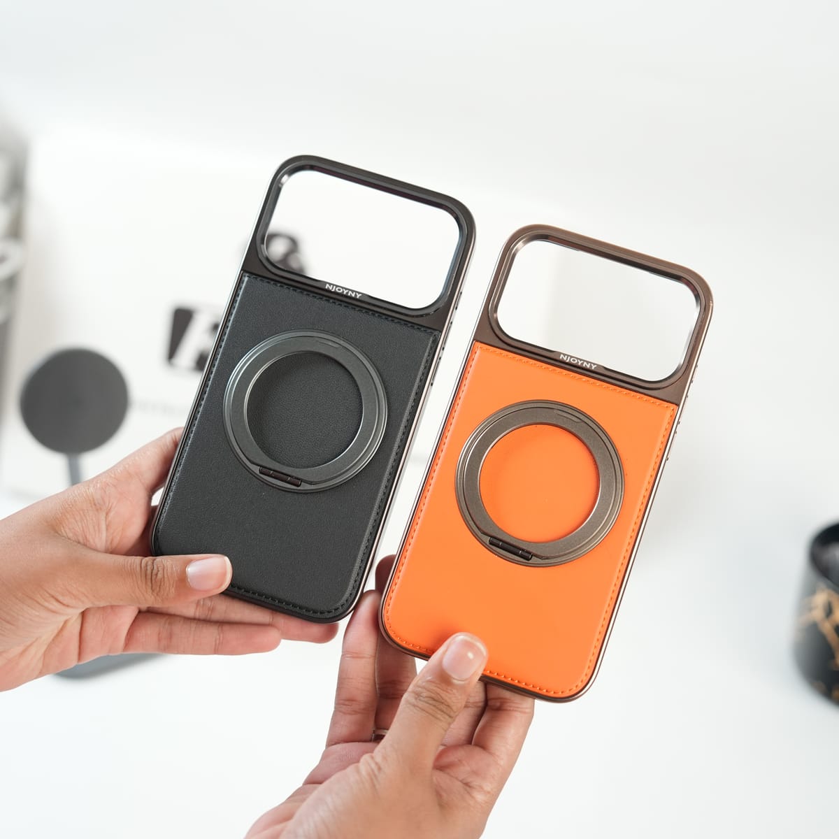 iPhone 17 Series Premium PU Leather Stitch Case | 360° Rotating Metal Ring Stand Cover