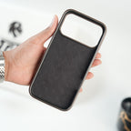 iPhone 17 Series Premium PU Leather Stitch Case | 360° Rotating Metal Ring Stand Cover