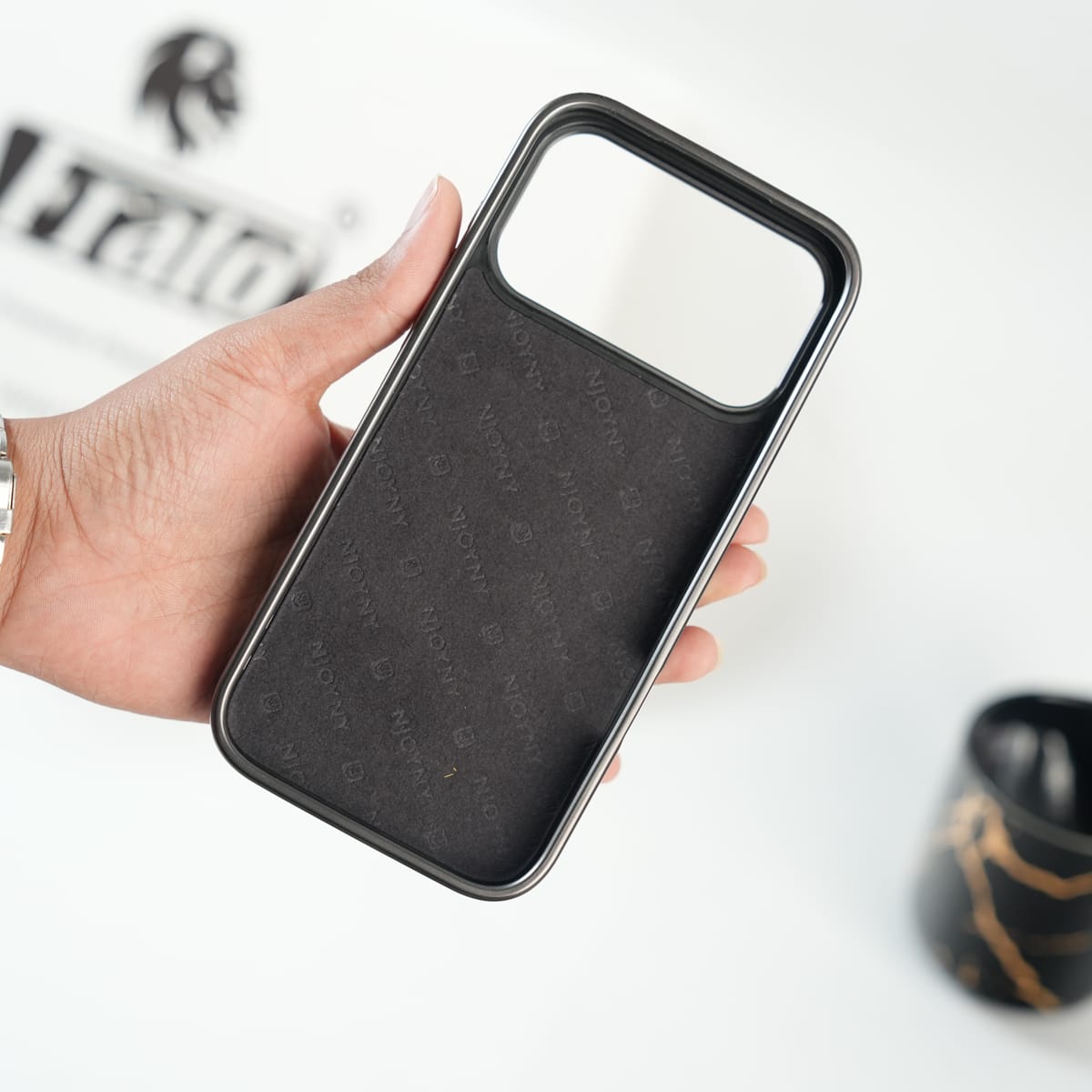 iPhone 17 Series Premium PU Leather Stitch Case | 360° Rotating Metal Ring Stand Cover