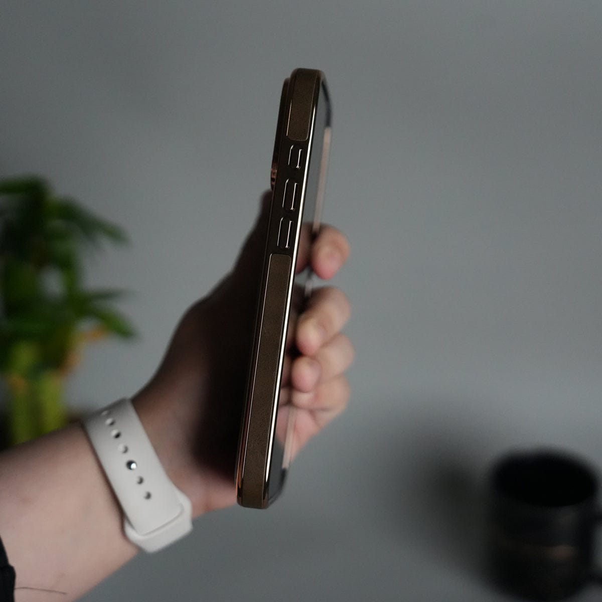iPhone 17 Series PU Leather Chrome Side Case With Ring Metal Stand | Desert Color
