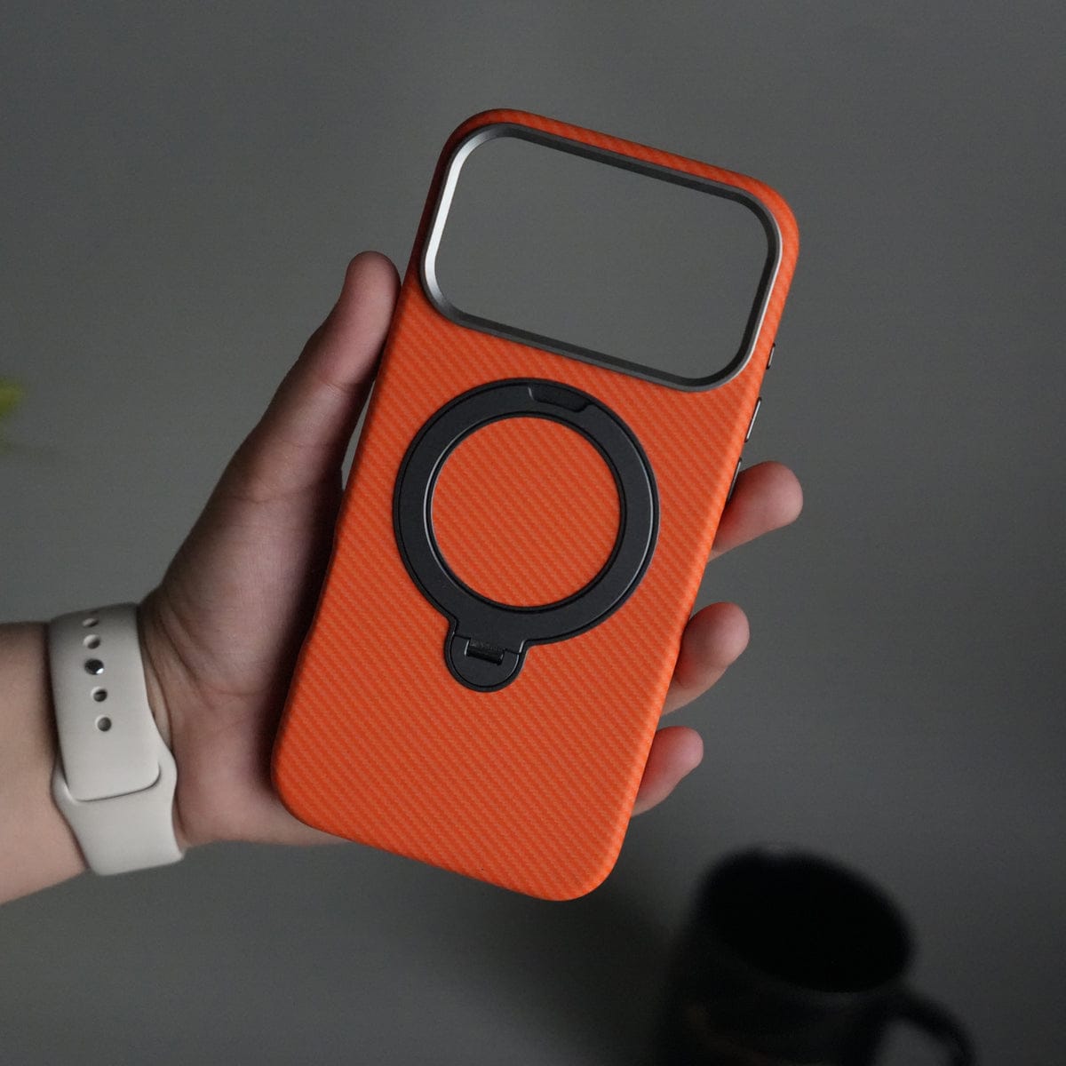 iPhone 17 Pro Max Carbon Fiber Texture Case with Metal Camera Frame & Rotating Ring Stand