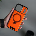 iPhone 17 Pro Max Luxury Leather Magnetic Ring Case | Metal Kickstand Cover with Chrome Frame