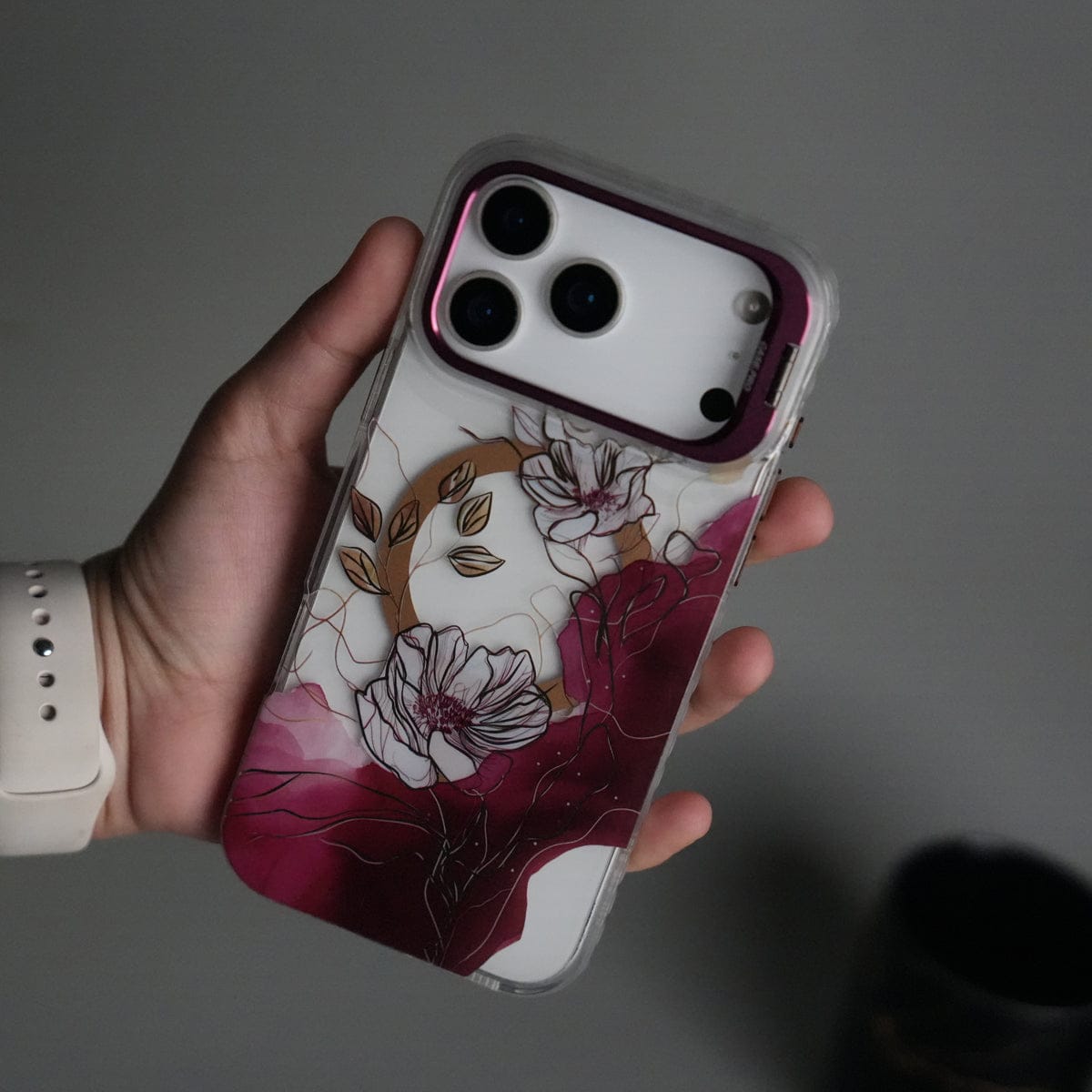 iPhone 17 Pro Max FloraCrystal Clear Floral Design Case with Color Metal Camera Stand Frame