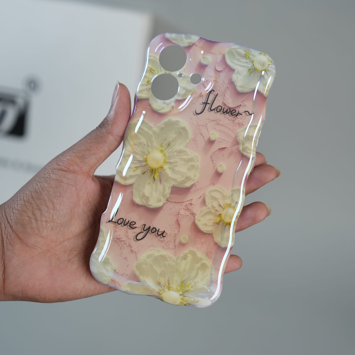 iPhone Series Cute Floral Wavy Glossy Case with Beaded Bow Charm