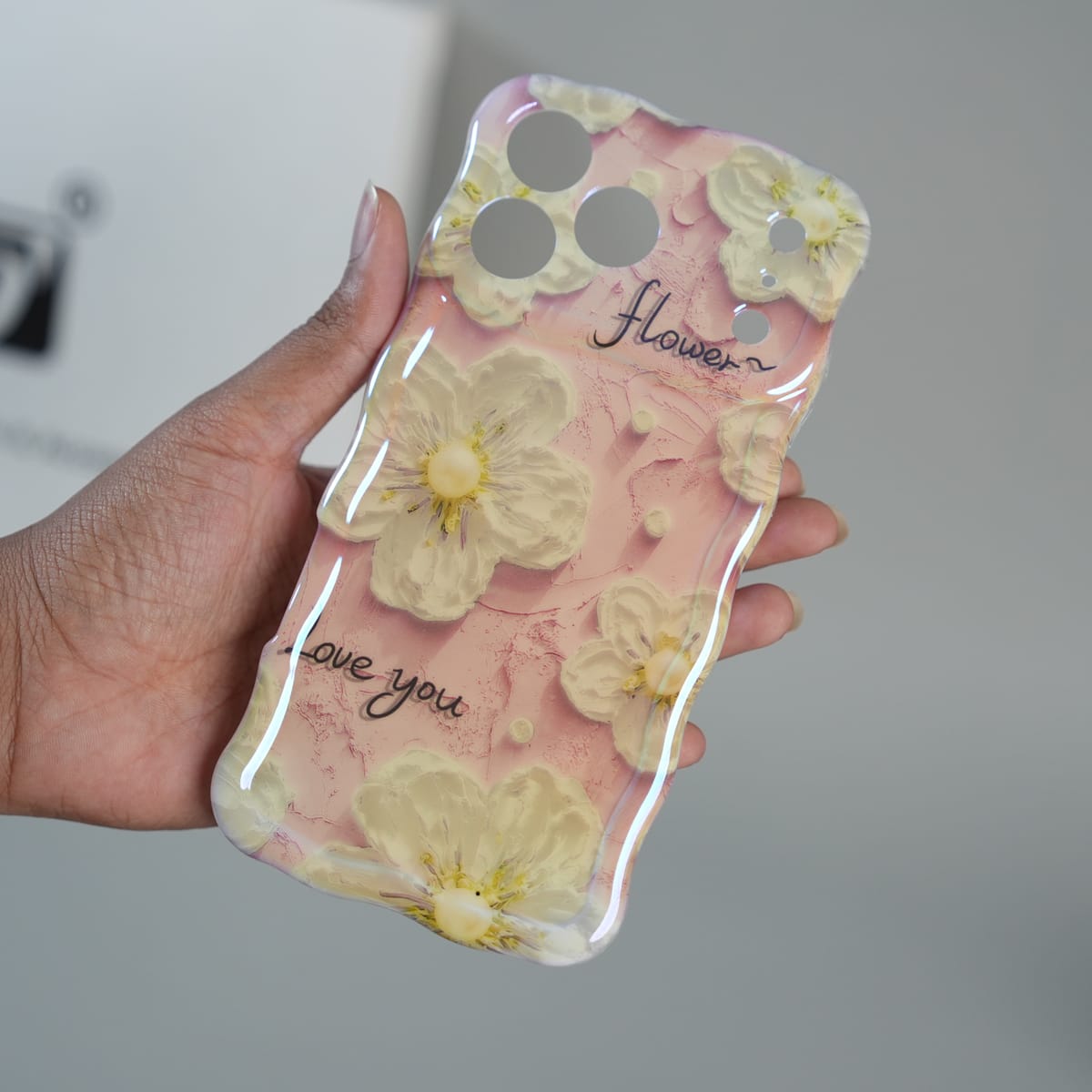 iPhone Series Cute Floral Wavy Glossy Case with Beaded Bow Charm