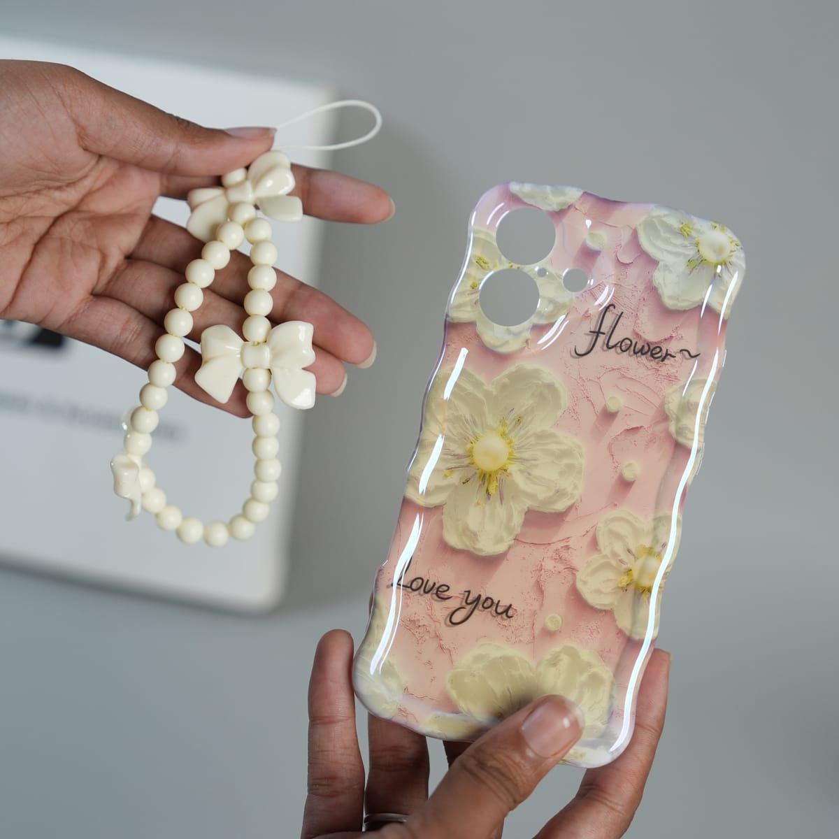 iPhone Series Cute Floral Wavy Glossy Case with Beaded Bow Charm