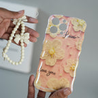 iPhone Series Cute Floral Wavy Glossy Case with Beaded Bow Charm