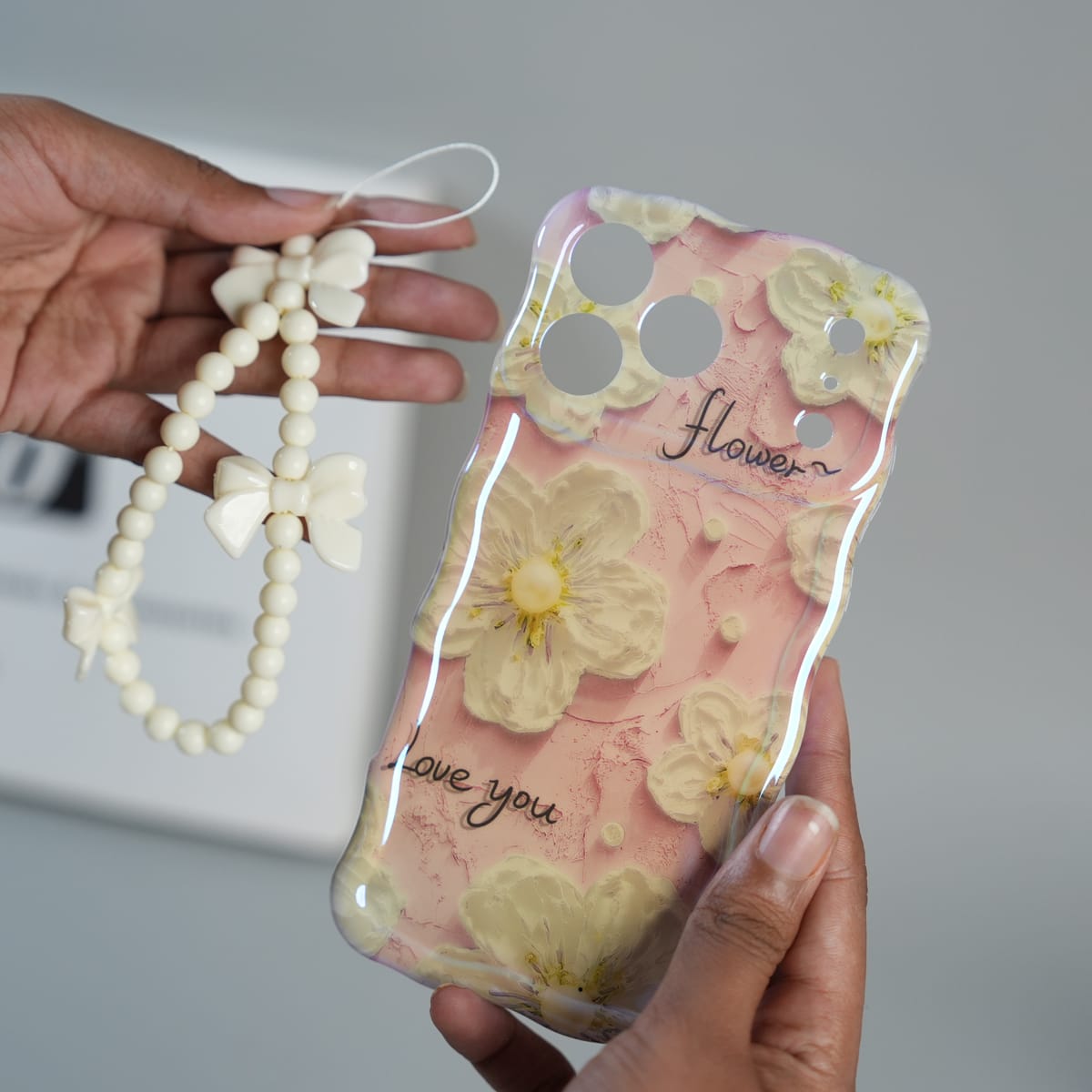 iPhone Series Cute Floral Wavy Glossy Case with Beaded Bow Charm