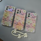 iPhone Series Cute Floral Wavy Glossy Case with Beaded Bow Charm