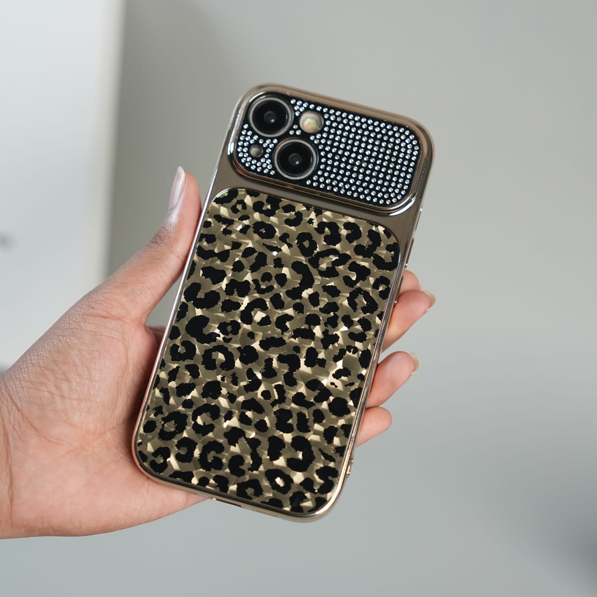 iPhone Series Luxury Leopard Crystal Case with Rhinestone Camera Frame & Glossy Finish