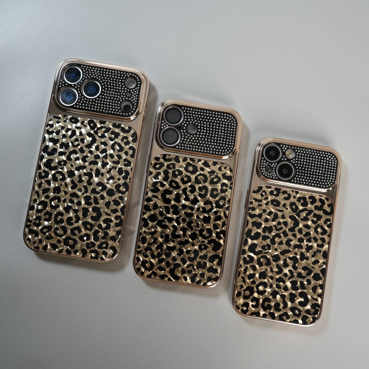 iPhone Series Luxury Leopard Crystal Case with Rhinestone Camera Frame & Glossy Finish