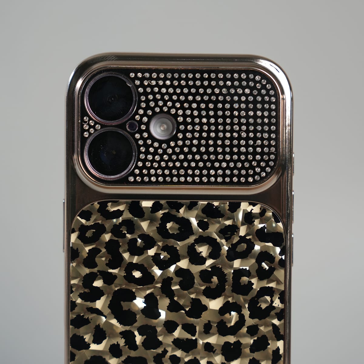 iPhone Series Luxury Leopard Crystal Case with Rhinestone Camera Frame & Glossy Finish