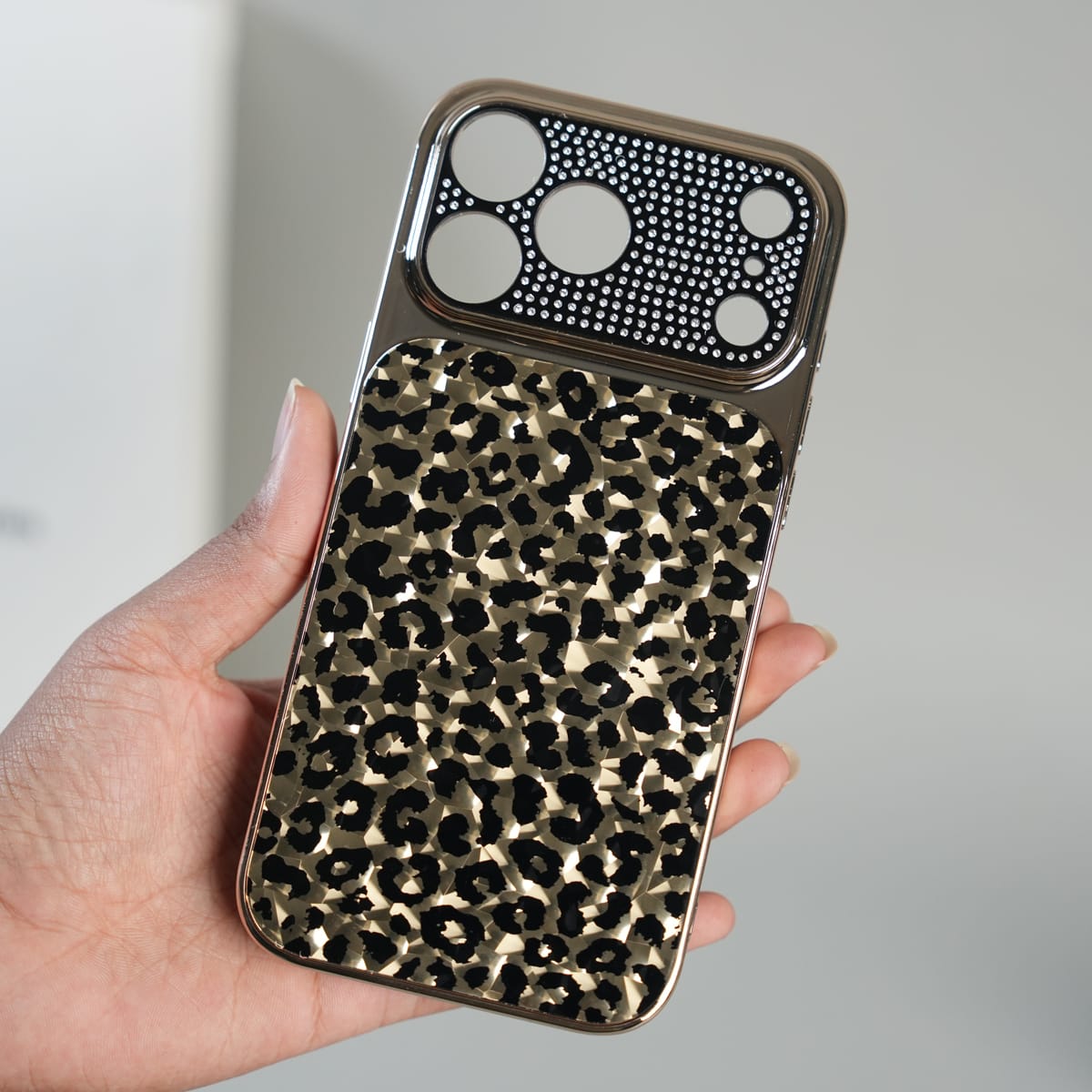 iPhone Series Luxury Leopard Crystal Case with Rhinestone Camera Frame & Glossy Finish